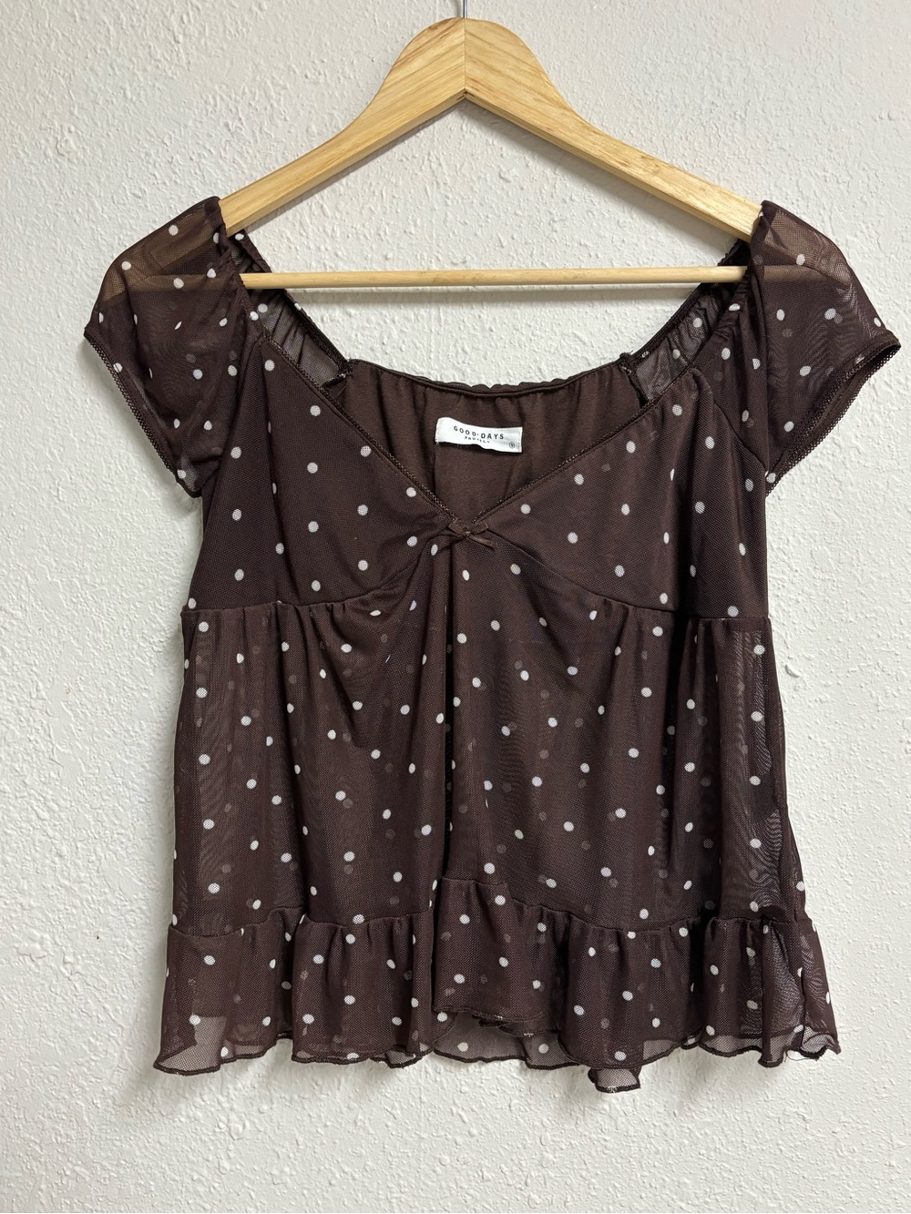Good Days Project Brown Polka Dot Mesh Babydoll Top Small